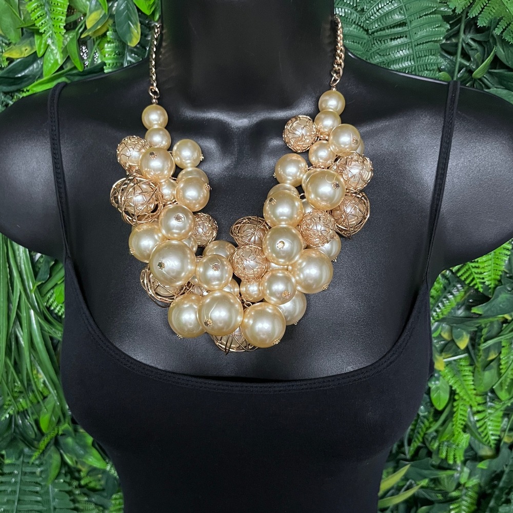Statement Bib Necklace‎ Gold Tone Champagne Faux Pearl Cluster Wire Cage 3979